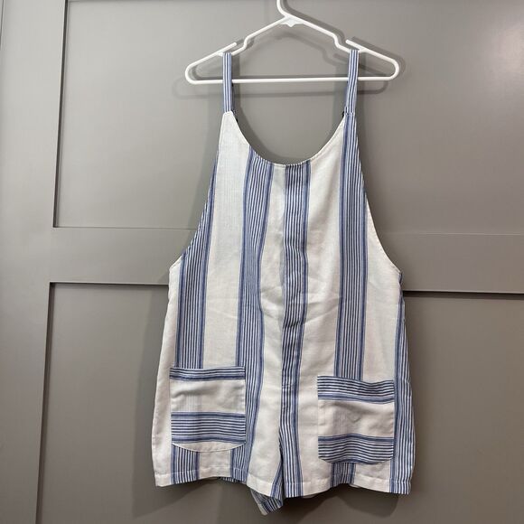 Anthropologie Bishop + Young Romper Overall Bib Women Medium Blue White Striped - Picture 1 of 16